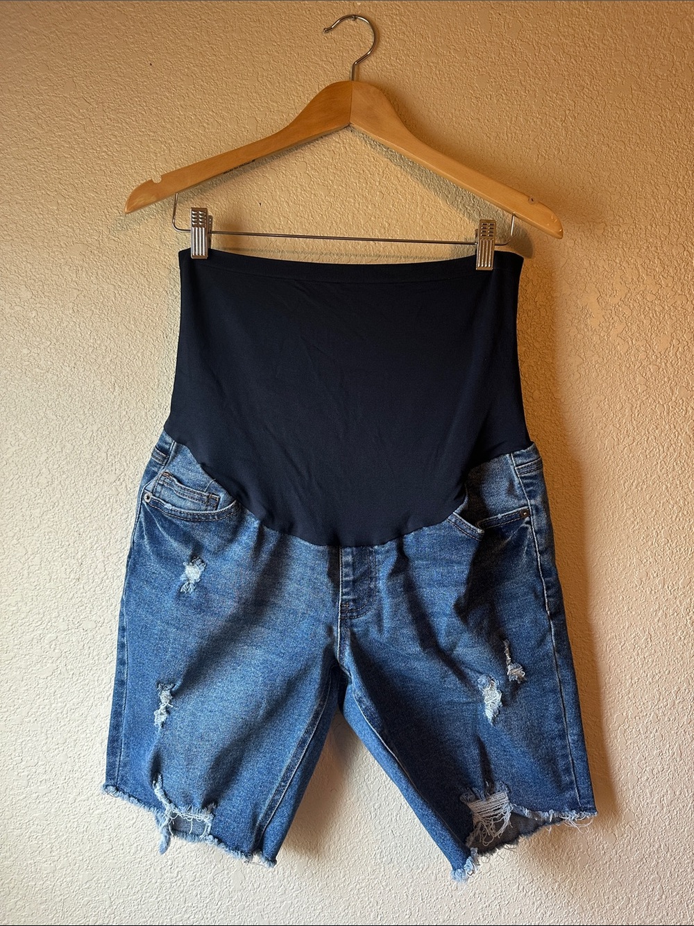 Time and Tru Black Maternity Stretch Panel Denim Shorts